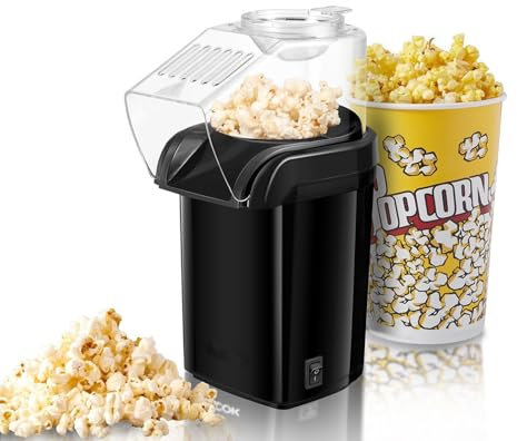Popcornmaschine,Heißluft-Popcorn-Maker,1200W,Metallkörper,50-60HZ,Heißluft-Popcorn-Maschine, 2 Minuten schnelles,Fat Free,Oil-Free,Popcorn Maker für Zuhause,Für Fußballabend (Schwarz)