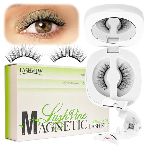 LASHVIEW Magnetic Eyelashes with Applicator, Reusable Soft Magnetic Eyelashes Natural Look, No Glue Needed Magnetic Lashes Kit, Windproof & Waterproof for All-Day Comfort (R01)