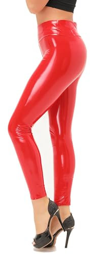 NewL Damen-Leggings, spiegelnd, Kunstleder, reflektierend, glänzend, Stretch, Enge Hose, hohe Taille, schmal, rot, S Schlank