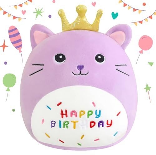 SQEQE Happy Birthday Stuffed Animal 10 Cat Soft Toys with Crown Cute Plush Pillow Cat Plush Toy for Kid Girl Boy Purple 35CM