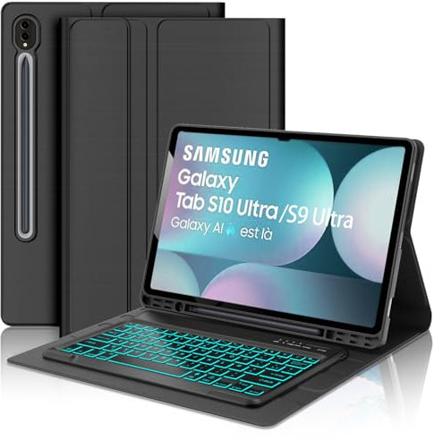 FOGARI Teclado para Samsung Galaxy Tab S10 Ultra 14.6 2024 - Teclado Samsung Galaxy Tab S9 Ultra, Funda con Español Ñ Teclado Retroiluminado de 7 Colores, Negro