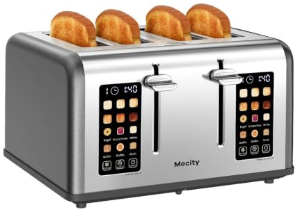 Mecity 4 Slice Toaster with Touch Display Control, 4 Wide Slots, Smart Stainless Steel Bread Toaster for Bagels, Muffins, Waffles, Dual Control Panel