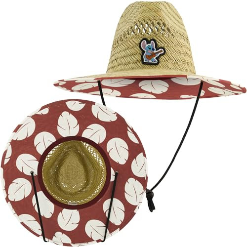Disney Lilo and Stitch Hat, Adult Large Straw Lifeguard Cap for Men and Women, Wide Brim with Logo, Red, M