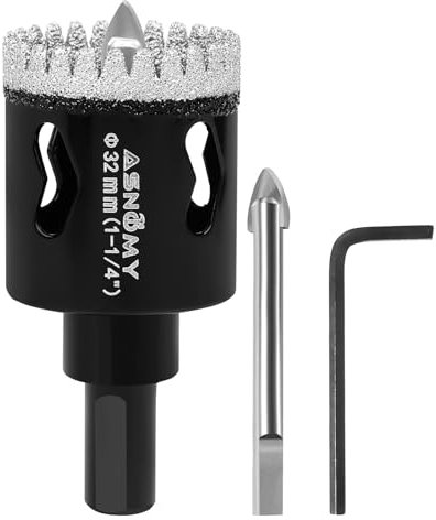 ASNOMY 32mm Diamond Hole Saw with Pilot Drill Bit, 20mm Serrated Brazing Tile Hole Saw Diamond Core Drill Bits with Guiding Bit for Ceramic Porcelain Tile Glass Stone Granite Marble