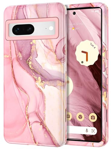 YINLAI for Google Pixel 7 Case Marble Pattern 3 in 1 Full Body Rugged Hard PC Back Cover Bumper, Soft Silicone Drop Shockproof Protection Girly Women Case for Google Pixel 7, Rose Pink
