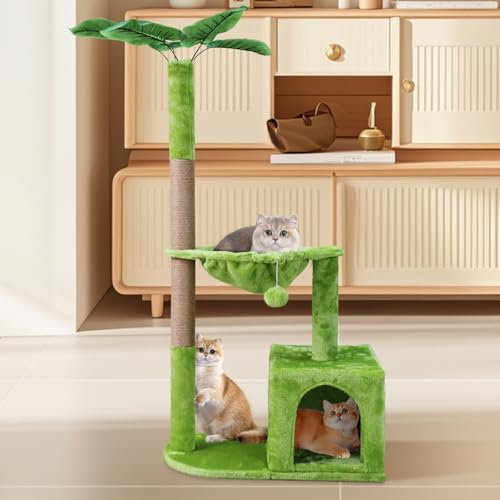 Myiosus Arbre à Chat Hauteur 115 cm, Tour de Jeux pour Chats avec Griffoir, Arbres d'activité avec 1 Grottes Spacieux & 1 Hamac, 2 Poteaux en Sisal pour Chat Chaton Adultes, Vert