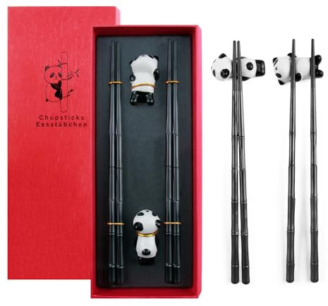 Juego de 2 pares de palillos de sushi Panda, 2 pares de palillos de sushi de bambú con 2 soportes de panda, palillos chinos para comer, palillos japoneses reutilizables aptos para lavavajillas para