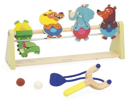 Janod Tiro a Segno Bambini-Gioco con Bersaglio-4 Personaggi-1 Lanciatore-2 Palline in Feltro-Sviluppa precisione e concentrazione-Giocattolo in Legno-da 5 anni-J03372, J03372