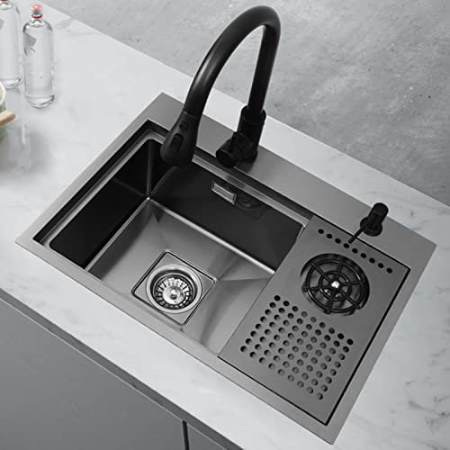 SaryEdge Fregadero de Cocina, Fregadero de Acero Inoxidable 304 con lavavasos, Fregadero Invisible con Tapa, con Grifo extraíble, enjuagador con rocia(B-60×43×22cm