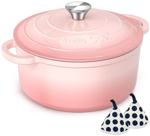 Umite Chef Olla holandesa de hierro fundido esmaltado de 5 cuartos con tapa, utensilios de cocina resistentes para hornear pan, estofar, guisos, asar, ideas de registro de boda y regalos (rosa)