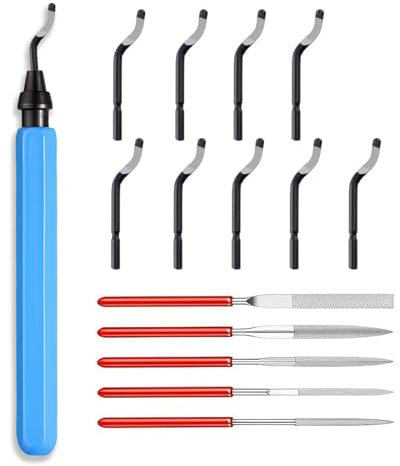 Deburring Tool Light Blue, 360° Rotating Metal Deburring Handle, Blades for Deburring, Deburring 3D Print, with 10 Replacement Blades and 5 Diamond Files, Hand Deburrer, for Plastic, Aluminium