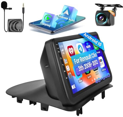 Hikity [4+64GB] Android 15 Radio Coche para Renault Clio 3th 2006-2012 Radio CarPlay Android Auto Inalámbrico Pantalla Táctil 9 GPS/WiFi/Mirror Link/Bluetooth/DSP+AHD Cámara Trasera