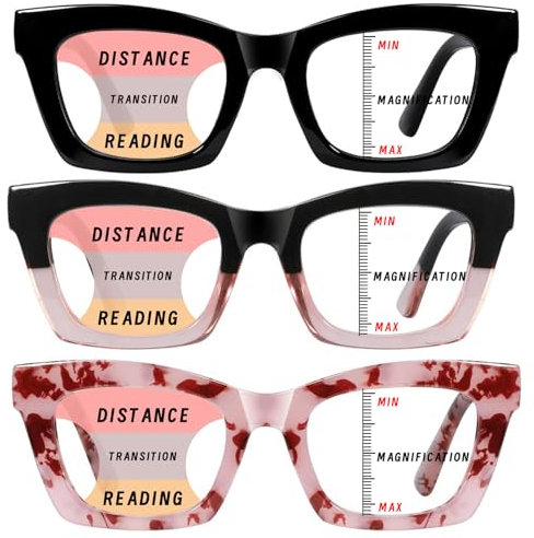 Hubeye 3 Pack Gleitsichtbrille Progressive Multifokus Lesebrille für Damen Cat-eye Anti-Blaulichtbrille Modische Damenbrille Federscharnier Blaulichtfilter Brillen 2.00