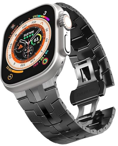 TWRQA Correa de acero inoxidable para Apple Watch Ultra 2 Band 49 mm 45 mm 44 mm 42 mm, correa de metal con cierre plegable para Apple Watch Series 9 8 7 6 5 4 3 2 1 Ultra/Ultra 2 Men(Titanium Black)