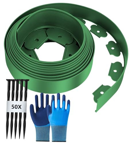 Bordure de Jardin Flexible Exterieur 10M, Bordure Jardin Hauteur 5cm avec 50 Clous et 1 Paire de Gants, Bordure Jardin Plastique, Bordure de Pelouse Flexible, Vert