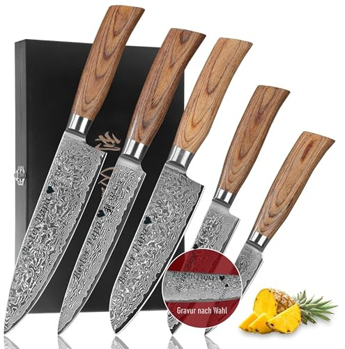 Wakoli EDIB Pro Damastmesser Set mit Gravur – Personalisiertes 5er Messerset, 20 cm, 17 cm, 16 cm, 11 cm & 8 cm Klingen aus 67 Lagen Damaststahl (VG10-Kern), Pakkaholzgriffe – in Holzbox