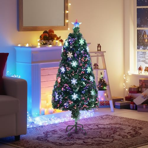 Bonnlo 4ft Fibre Optic Christmas Tree with Lights, Multicolor Snowflakes & Star Topper, Pre Lit Christmas Tree for Holiday Decorations