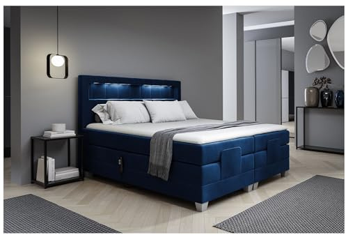 MEBLINI Boxspringbett Elektrisch Verstellbar mit LED - Gepolstert Doppelbett mit Matratzen und Toppers - Polsterbett - Bett mit Kopfteil - ASPERO - 180x200 - H3/Blau Samt