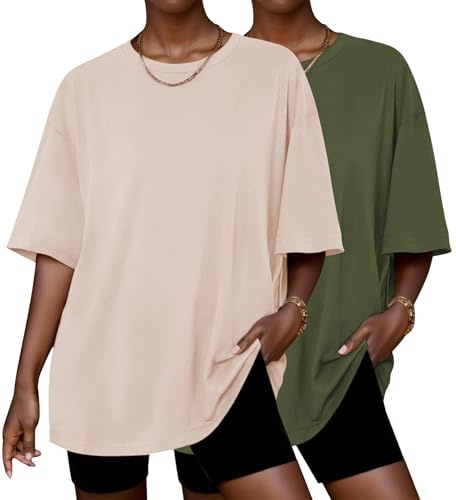 Ekouaer Tee Shirt Femme 2 Pack Ample Surdimensionné T Shirt à Manches Courtes Basique Haut Oversize Tshirt Col Rond