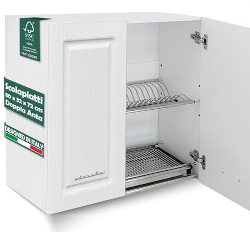 Shally Dogan Armario escurreplatos con Bandeja antigoteo de Cocina Design Boiserie, Mueble de Pared de Madera Resistente, Armario suspendido con Dos Puertas y Dos estantes, 80 x 32 x 72 cm (Blanco