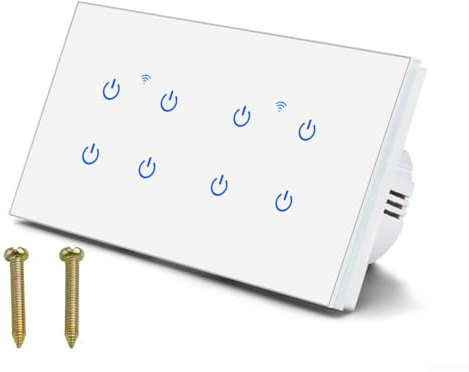 Interruptor de pared inteligente WiFi, control táctil de 2 a 8 bandas para aplicación Tuya, para Alexa y Smart Life, control remoto de voz de 220 V 10 A, panel de vidrio templado, para iluminación de