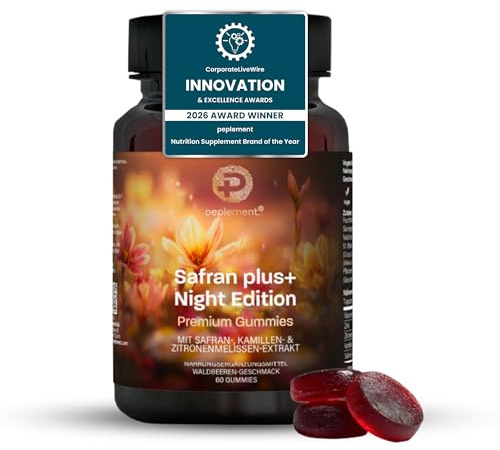 Peplement Safran plus+ Night Edition 60 Premium Gummis — Safran extrakt + Kamillenextrakt (5:1) + Zitronenmelissenextrakt (10:1) | Mit Zink + Vitamin B6 | 1 Gummis täglich für 2 Monate Vorrat