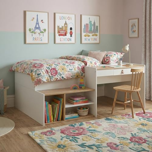 Noa and Nani Saku Single Bed with Desk, White and Oak Mid Sleeper, Loft Cabin Bed with Storage Stairs and Shelving, Compact Space-Optimised Kids Furniture