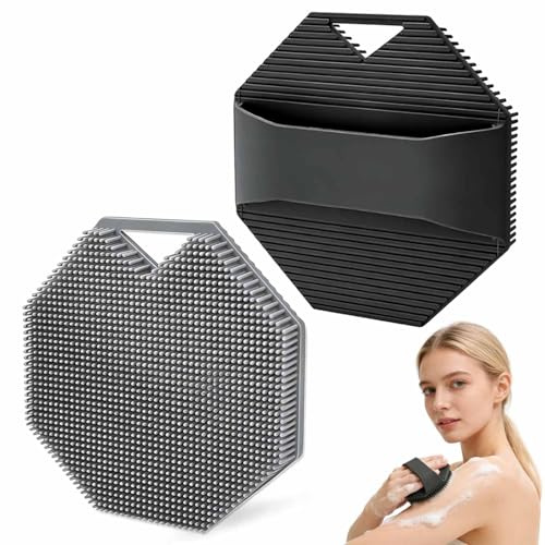 WUGAUWOR 2 Pezzi Spazzola Corpo in Silicone, Spazzola Doccia Nero e Grigio con Impugnatura Antiscivolo e Foro per Gancio, Spugna Silicone Corpo per Pelli Sensibili, Brush per Viaggi/Palestra/Domestico