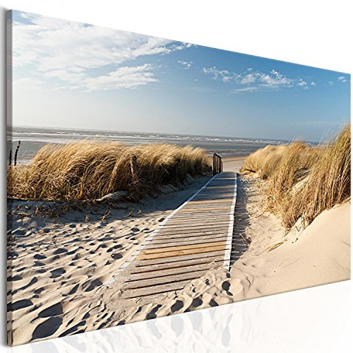 B&D XXL - Leinwand Bilder Strand Meer Vlies Leinwandbild 1 tlg Kunstdruck modern Wandbilder XXL Wanddekoration Wohnzimmer Wand Bild Wandbild Panoramabild - Landschaft Sand Himmel Grass Wolken Natur