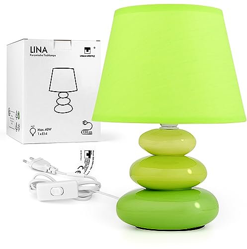 Nachttischlampe Lina (Grün) Tischleuchte Keramik Tischlampe mit Stoffschirm, LED geeignet, E14 230V Keramik, Tischlampe, Nachttischleuchte, Fenster Lampe, Sofalampe. Fensterbank Lampen