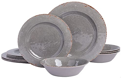 Gibson Home Mauna Geschirr-Set, Melamin, Kunststoff, für 4 Personen, 12-teilig, Grau Rustikal