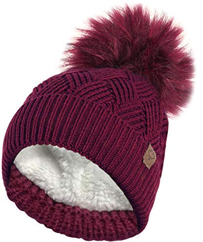 RockJock Ladies Warm Chunky Diamond Cable Knit Hat with Thermal Teddy Fleece Lining and Detachable Faux Fur Pompom-Burgundy