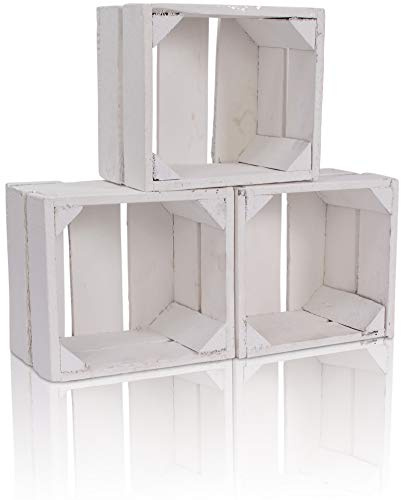 CHICCIE 3 Set Holzkiste im Weißen Vintage Look - 22x20x15cm Weiß - Obstkiste Weinkiste