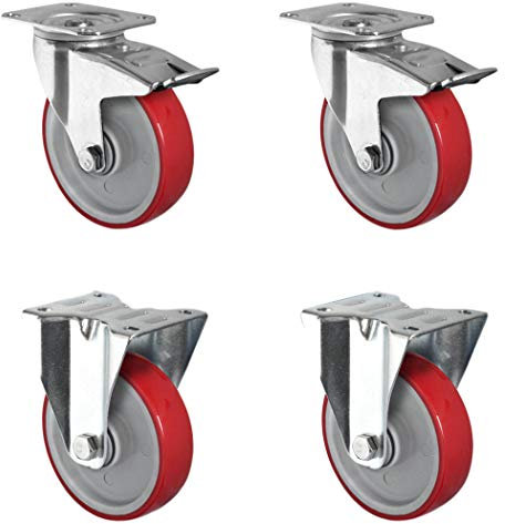 CASCOO SETTPFP125N2U6B32 Rollensatz 2 Lenkrollen mit Feststeller, 2 Bockrollen, Polyamid, Polyurethan, Durchmesser 125 mm, Kugellager, Transportrollen, Traglast 600 kg (4-er Pack)