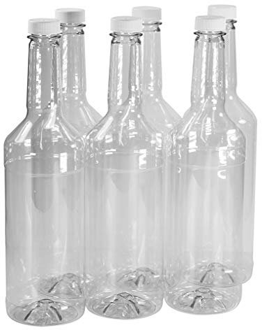 Pinnacle Mercantile 32 oz. Long Neck Plastic Bottles Empty, Reusable, BPA-Free (Pack of 6) | Screw On Caps | Liquor, Condiment, Shaved Ice Topping Use | Compatible with Speed Pours