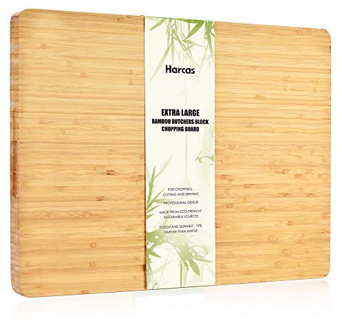 Extra großes Butchers Block Bambus Schneidebrett von Harcas. Premium Bio-Schneidebrett 45 x 34 x 3 Zentimeter (cm). Professionelles Bambusholz mit Tropfnut.