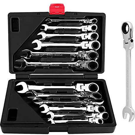 Ejoyous Fexible Ratchet Spanner Set, 12pcs 8-19mm Ratcheting Wrench Spanners Garage Repair Tool, Spanner Ratchet Set with Flexible Head, Socket Wrench Set Including Box for Repair