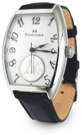 Uhr Gehäuse aus Stahl und Reproduktion 1 Euro aus Platin 950/1000 Armband aus echtem Leder, verpackt in elegantem Luxusetui, silber / schwarz, Armband