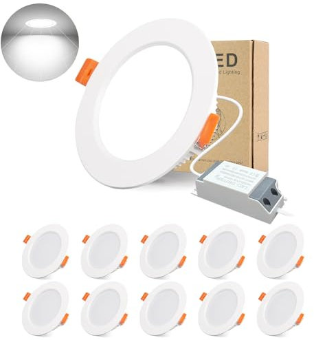 BAGZY LED Spot Encastrable, Extra Plat 10 Pack 5W 500LM = 50W Incandescence,IP44,Blanc Froid 6000K,AC 220-240V,Découpe 70-80mm,Rond ultraslim Plafond encastré pour Salle de Bain,Cuisine,Salon(Blanc)