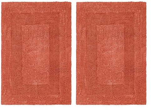 COTTON CRAFT Luxuriöser Badteppich, wendbar, schwer, für Badezimmerboden, Badewanne und Dusche, reine Baumwolle, weich, saugfähig, getuftet, Rennstreckenmatte, 43,2 x 61 cm, Korallenrot, 2 Stück
