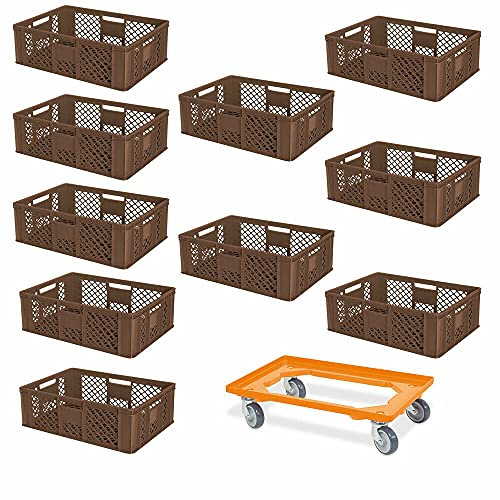 BRB 10 Eurobehälter, LxBxH 600x400x240 mm, lebensmittelecht + 1 Transportroller (braun/orange)