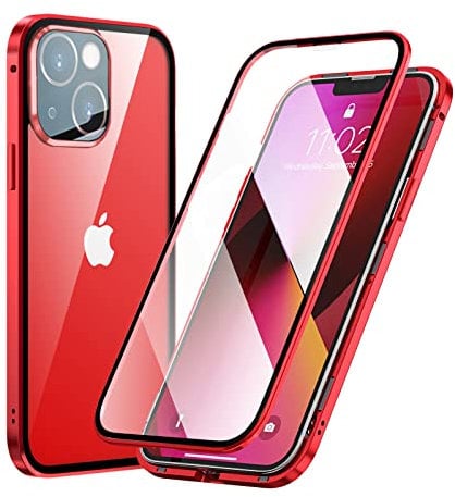 MIMGOAL Case for iPhone 13 Mini, Magnetic Metal Bumper 360 Degree Full Body Protective Case with Front and Back Transparent Tempered Glass Crystal Clear Cover for iPhone 13 Mini 5.4, Red