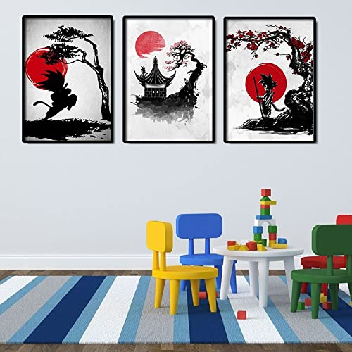 HWNU Leinwand Wandmalerei Klassischer Anime Dragon Ball Tinte Rot Schwarz Poster Goku Wandgemälde Heim Wandbild für Wohnzimmer Junge Schlafzimmer Dekoration Rahmenlos (50X70cmx3 Unframed)