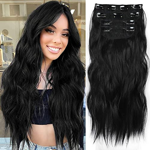 Clip in Extensions, 4-Pcs Strand Wavy Haarverlängerung Schwarz Clips Haarteil Extensions Weiches Synthetisches Haarteil für Frauen Vollkopf Haarverlängerung Dicke Haarteile 50cm (1B#)077A