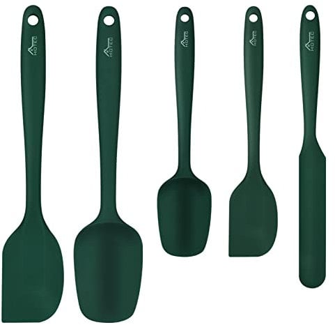 HOTEC 600℉ Heat Resistant BPA-Free Silicone Rubber Spatula Set,Kitchen Cooking Spatulas, Baking, Mixing for Non Stick Cookware, Dishwasher Safe, Dark Green Set of 5