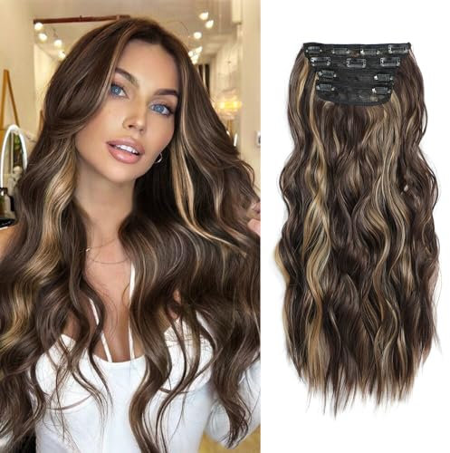 MORICHY Extension à Clips Cheveux Naturels 4 Pièces Postiches 50,8cm Marron Clair Avec Des Reflets Dorés Longs Ondulés Synthétiques Extensions de Cheveux pour Femmes(Fort à Porter 11 Clips)