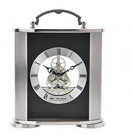 Widdop Silver & Black Mantel Clock with Skeleton Movement and Brushed Aluminium Frame