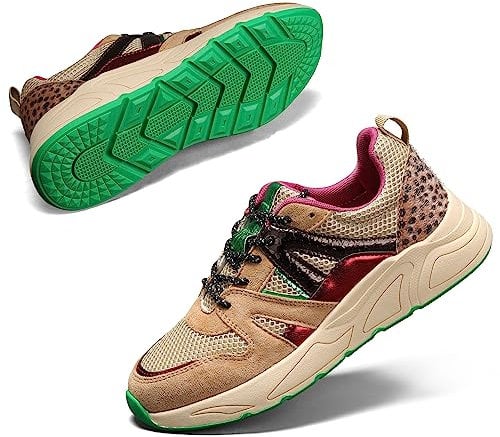 LUCKY STEP Freizeit Sneaker für Damen, Plateau - Klassische Walking Tennis Reisen Turnschuhe, Farbenfrohe Chunky Sneaker (Kamel/Beige, 11US-42EU-9UK)
