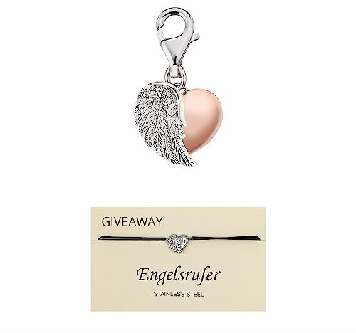Engelsrufer Set Damen Charm Anhänger Herzflügel Bicolor Sterling Silber, Zirkonia, Karabinerverschluss inkl. Armband Herzflügel aus Edelstahl, Größenverstellbar, SETERC-HEARTWING-BICOR+ERJC-HEARTWING