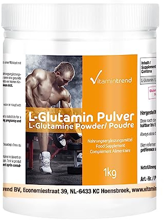 Vitamintrend L-Glutamin Pulver 1kg, 7500mg Tagesbedarf, schluckfreundlich, hochdosiert, proteinogene Aminosäure, Nahrungsergänzungsmittel vegan ohne Magnesiumstearat, in Deutschland hergestellt